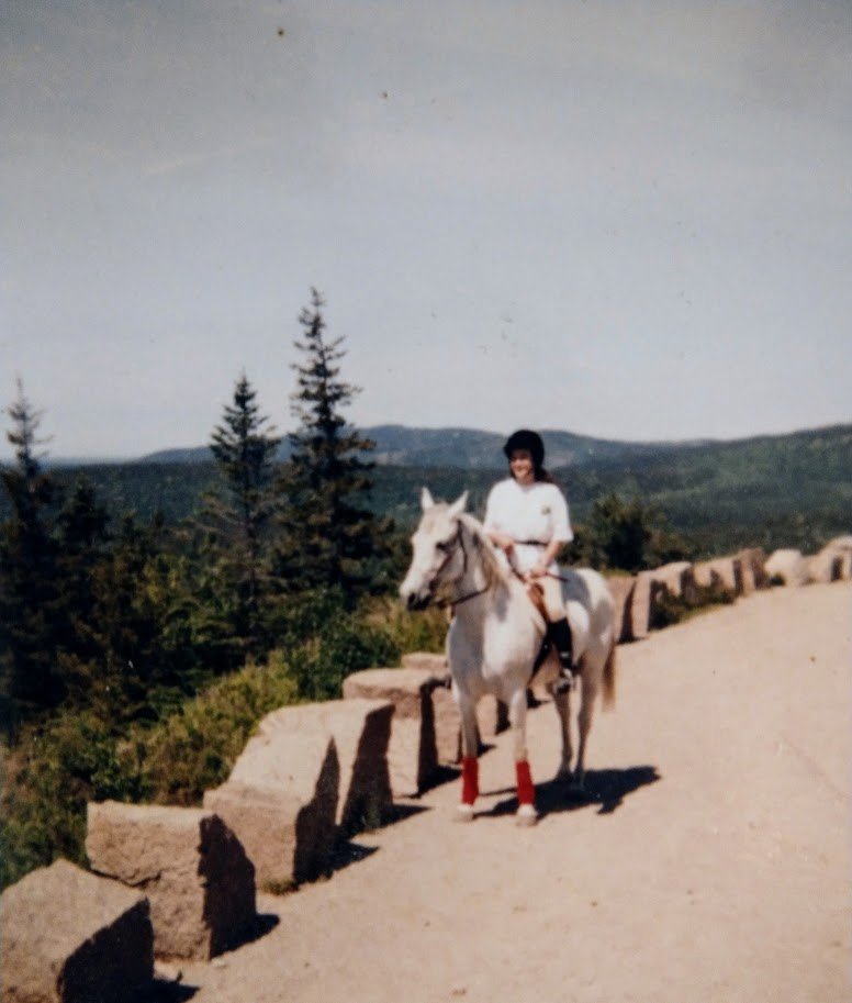 Author Laura Holt-Haslam riding Cheval at Acadia National Park in 1994.